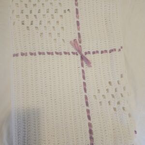 Cream Crochet Throw Blanket with Pink Ribbon Detail